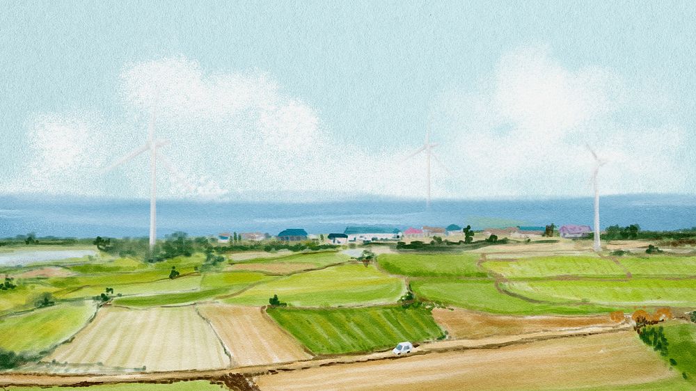 Watercolor agriculture desktop wallpaper, farm landscape HD background psd