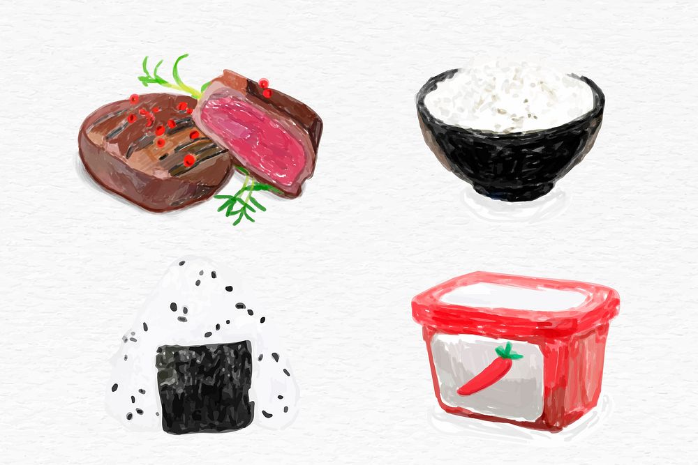 Korean and Japanese food vector watercolor set