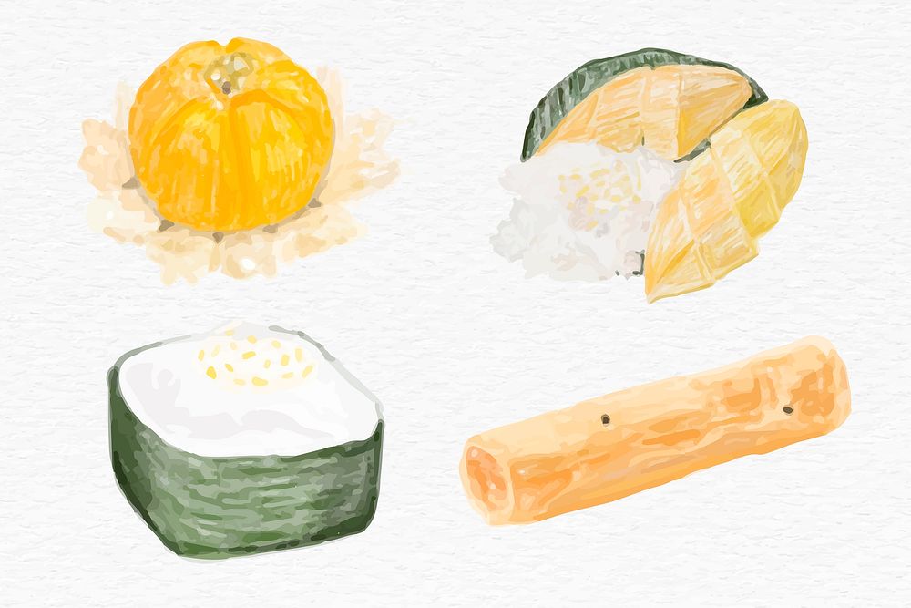 Thai traditional desserts psd watercolor set
