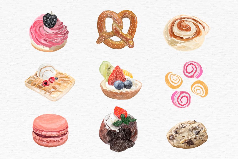 Pastry desserts vector watercolor drawing collection