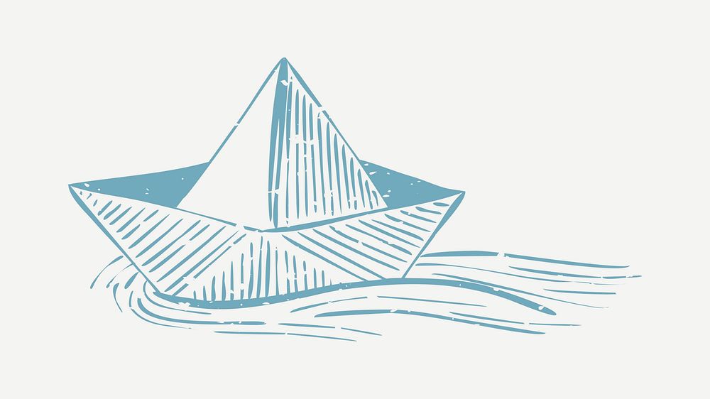 Muted blue sailboat linocut in cute illustration