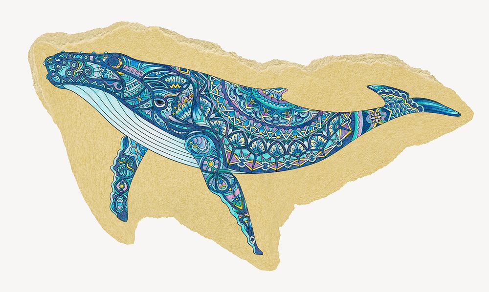 Mandala whale, ripped paper collage element