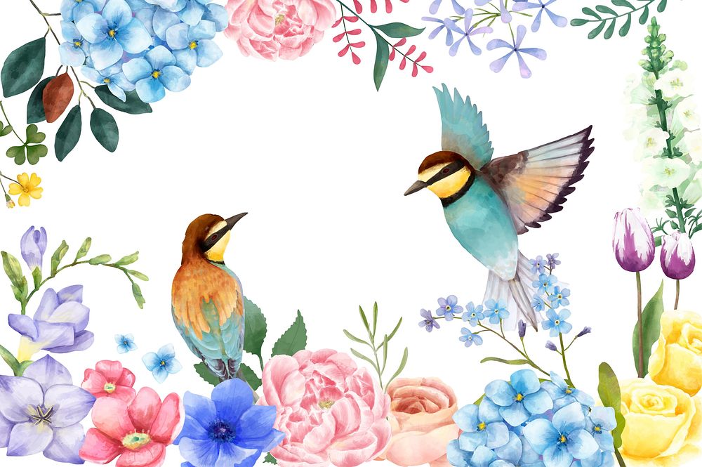 Colorful frame with birds floral illustration