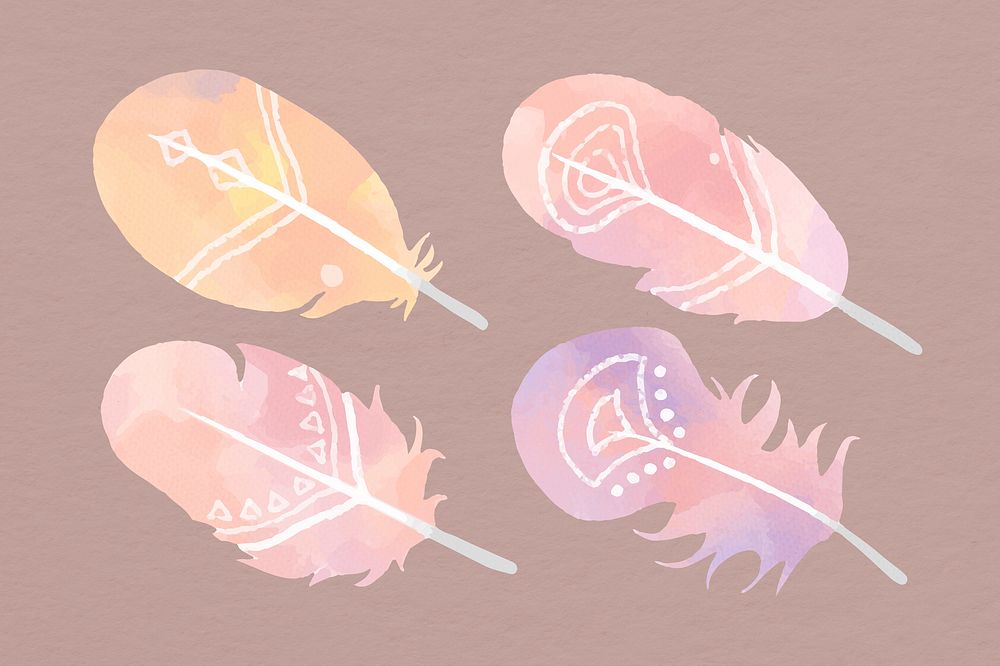 Pastel peach boho feather illustration set