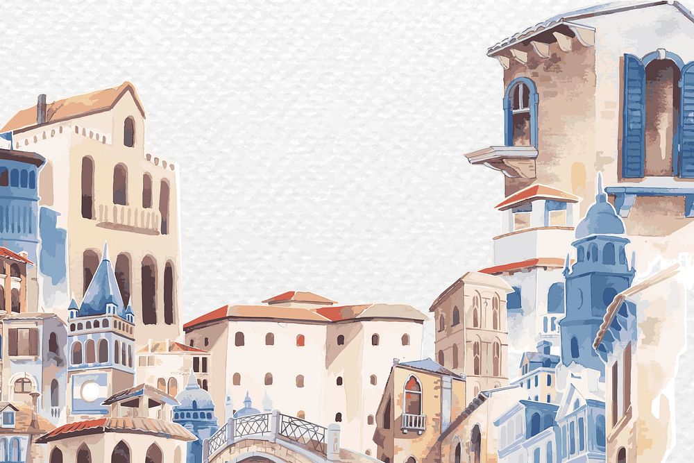 Mediterranean buildings border in watercolor on paper textured background