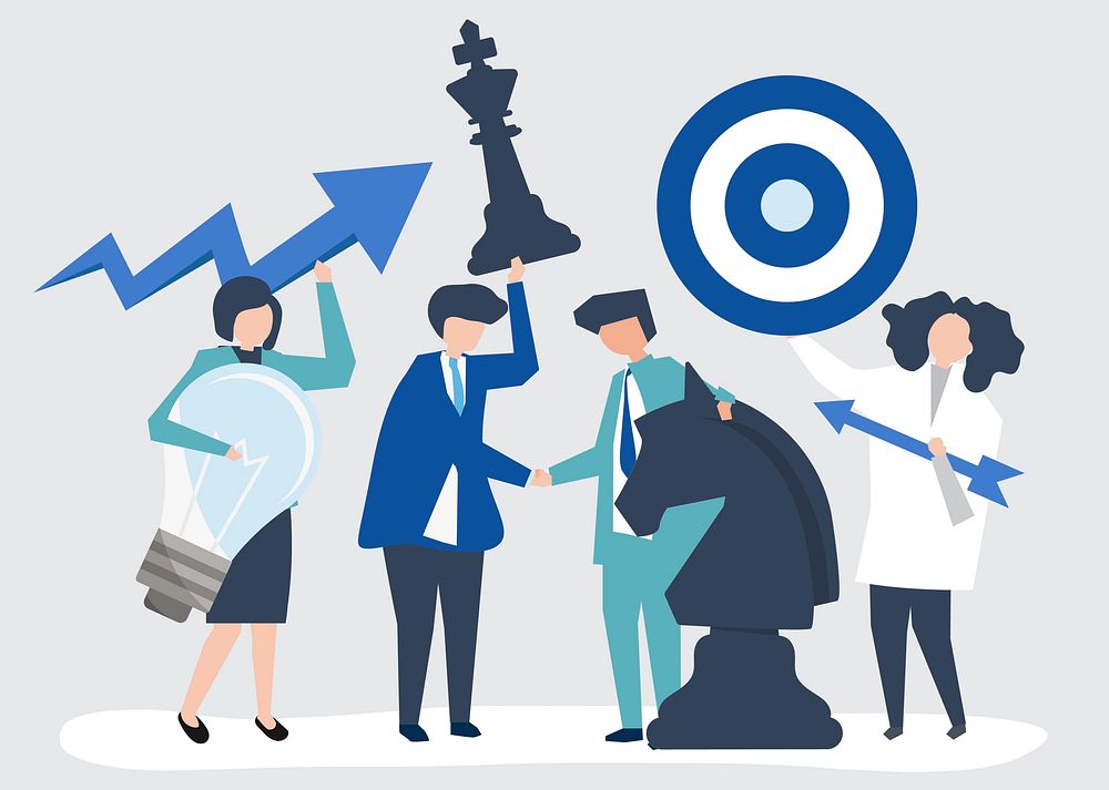 Business people holding goal and strategy icons illustration