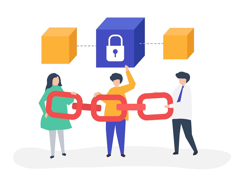 Security concept illustration of people holding a chain