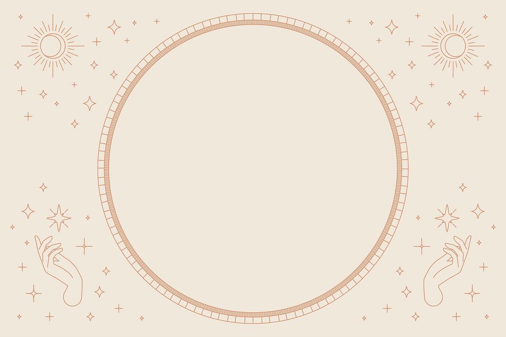 Two open hands round frame linear style on beige background