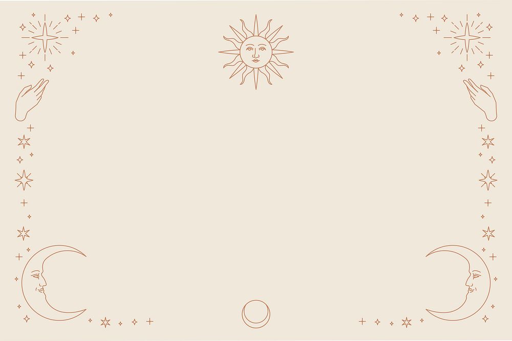 Gold celestial sun and crescent moon monoline background on beige
