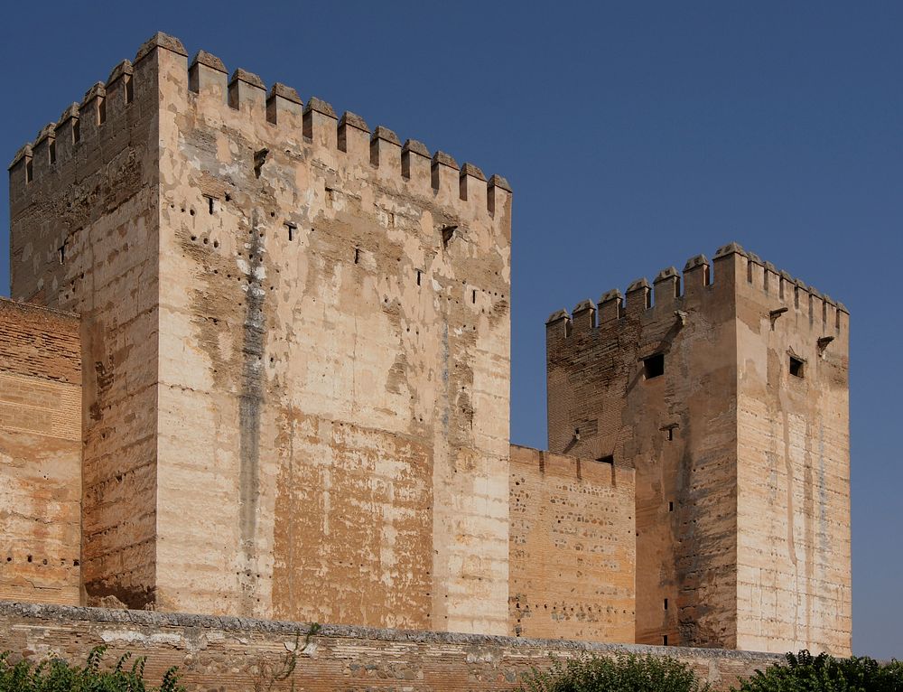 western towers of Alcazaba ("fortress") of the Alhambra, Granada, Spain. Original public domain image from Wikimedia Commons
