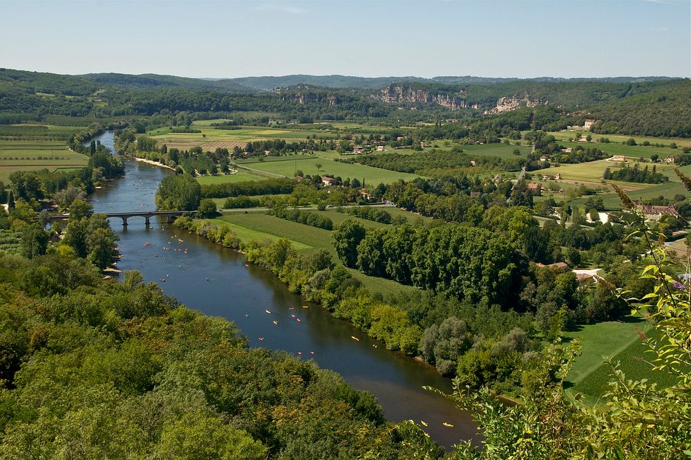 The Dordogne river, as seen from Domme, Dordogne, France. Original public domain image from Wikimedia Commons