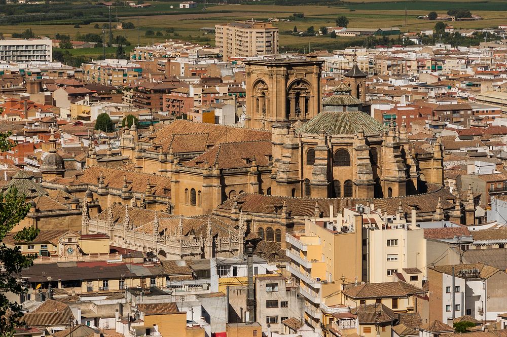 Cathedral and Capilla Real, from Alhambra, Granada, Spain. Original public domain image from Wikimedia Commons