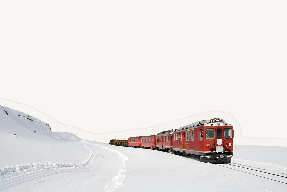 Winter train travel background, ripped paper border