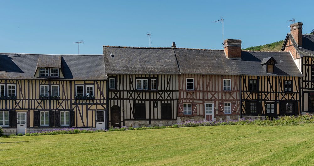 Le Bec-Hellouin, timber framed facades, Eure, Normandie, France. Original public domain image from Wikimedia Commons