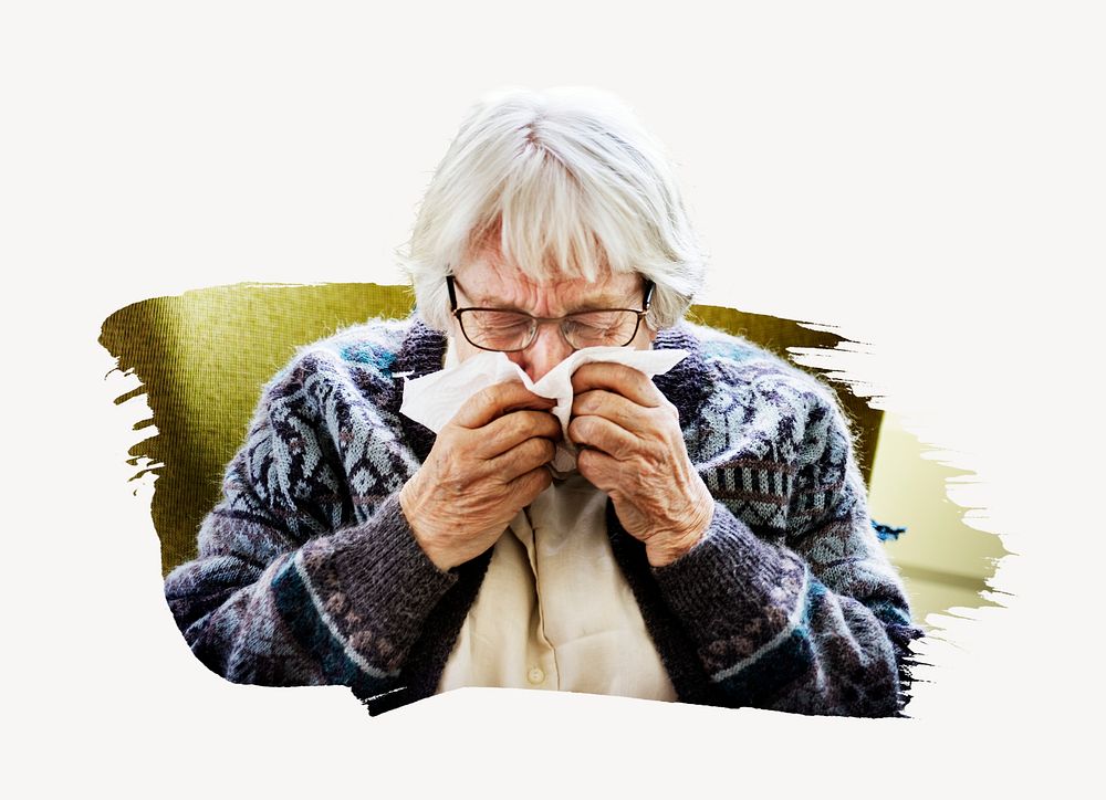 Senior woman sneezing collage element psd