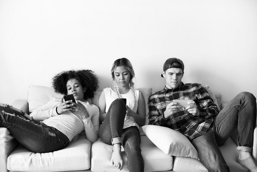 Expressionless smartphone addicts