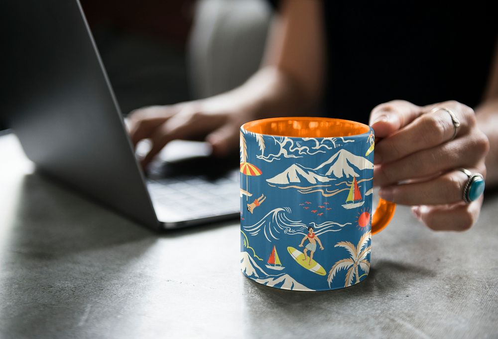 Coffee mug mockup, Summer tropical pattern design psd