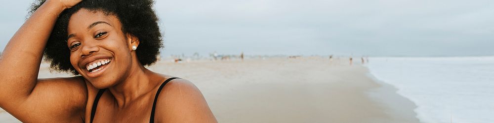 Beautiful plus size African American woman at the beach social banner