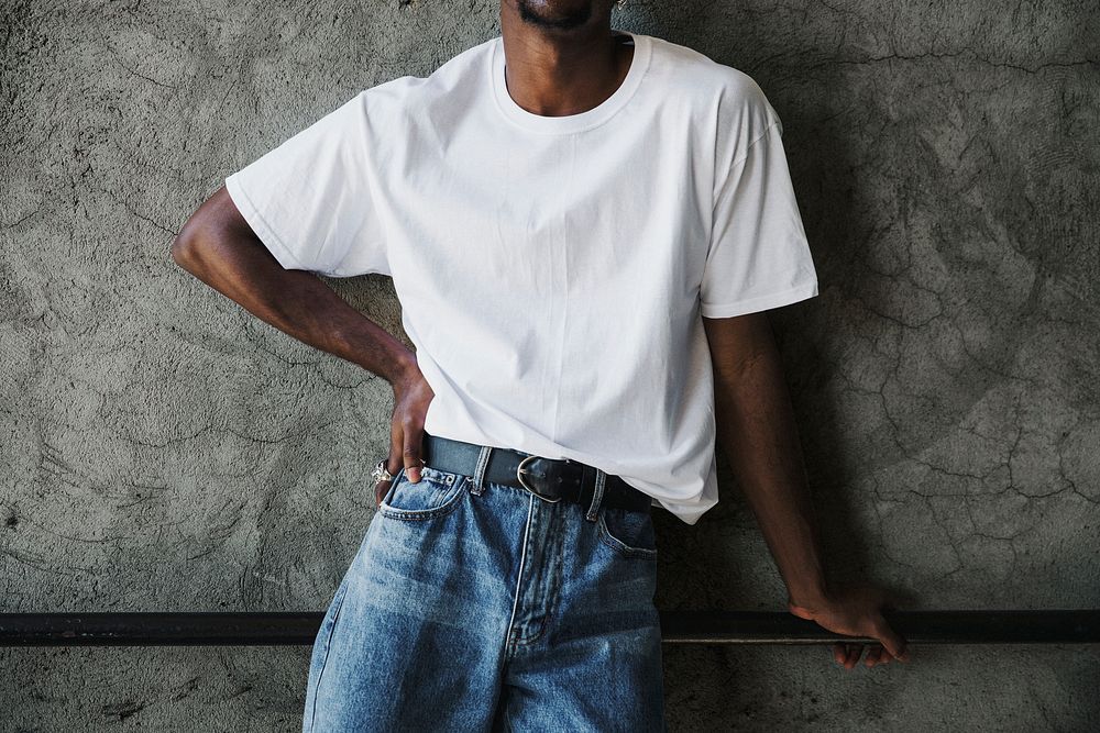 Black man wearing a silk screen white t-shirt mockup