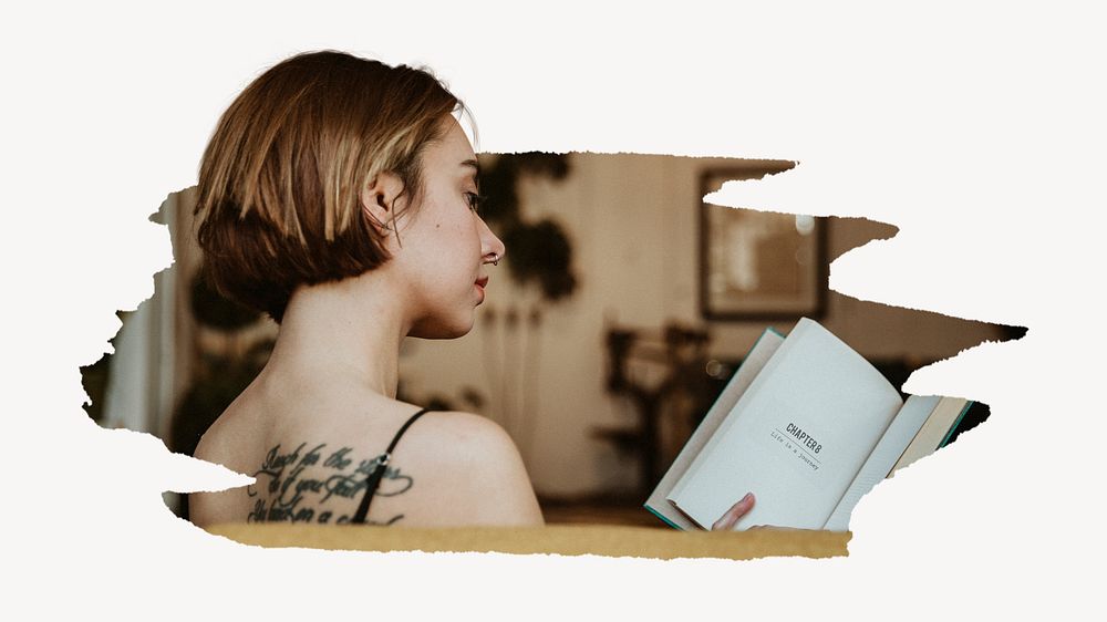 Woman reading a book at home during coronavirus quarantine collage element psd