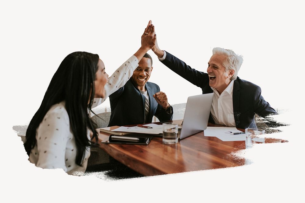 Successful business people doing a high five collage element psd