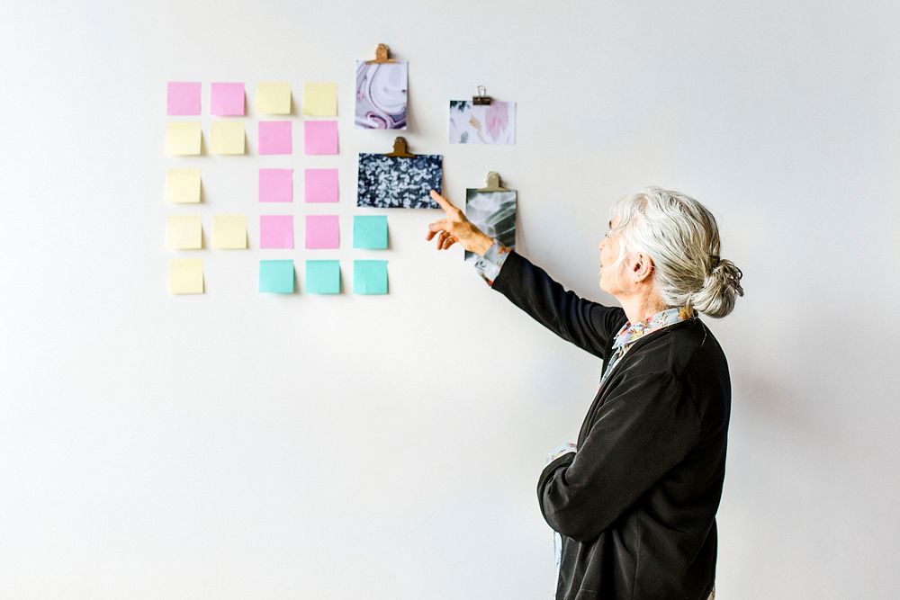 Creative woman with business plans on the wall