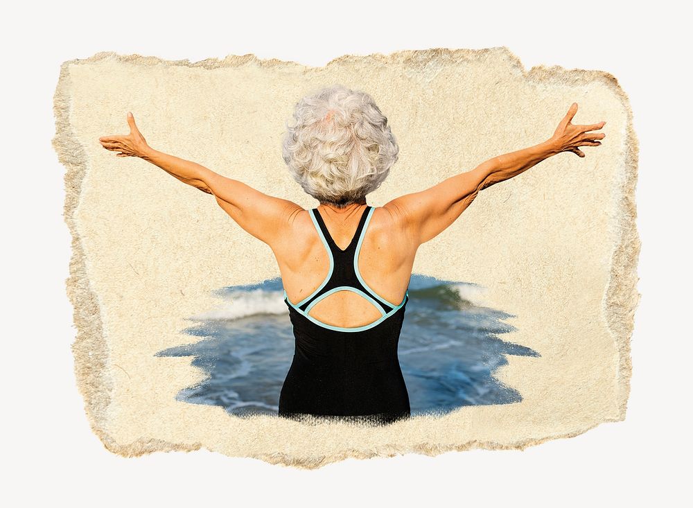 Carefree elderly woman, ripped paper collage element