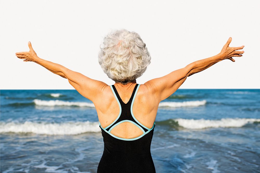Carefree elderly woman photo on white background