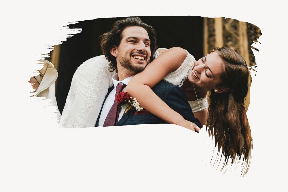 Groom lifting up his beautiful bride collage element psd