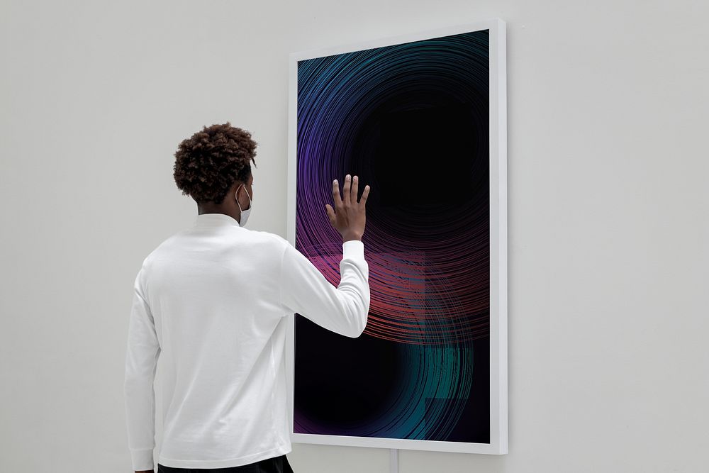 Interactive digital art screen mockup at a gallery 