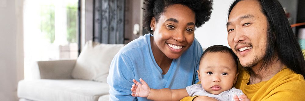 Cheerful multiracial parents with son social media banner