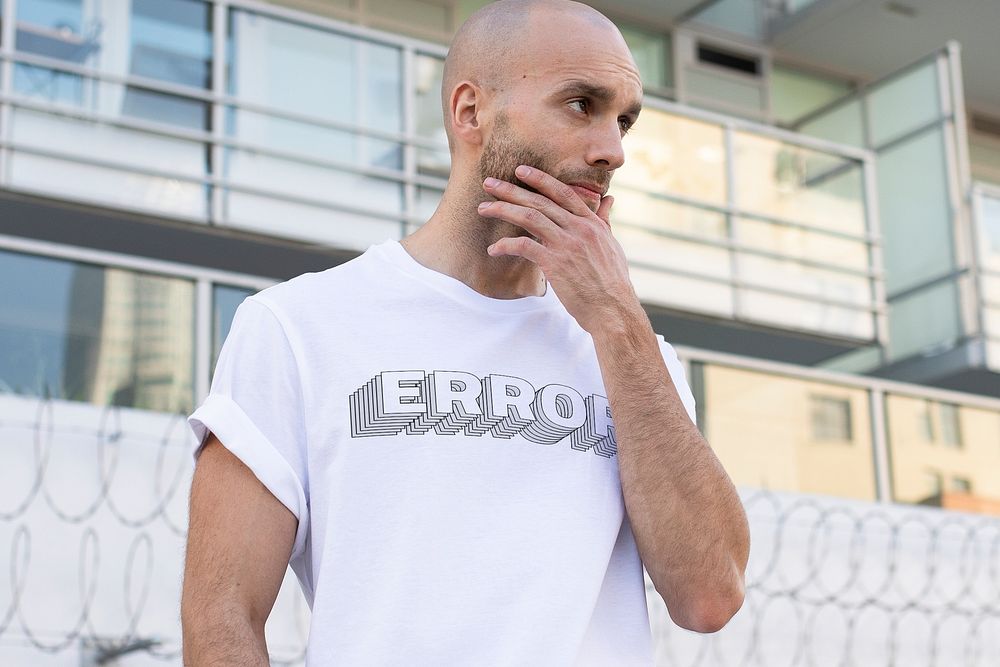 Error white t-shirt mockup psd men&rsquo;s simple streetwear outdoor shoot