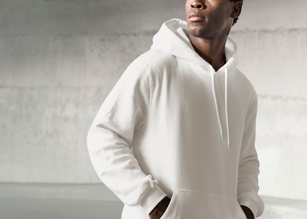 Man in white hoodie and sweatpants men&rsquo;s fashion apparel shoot
