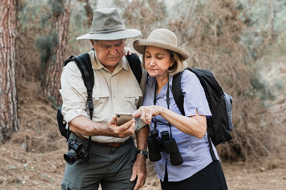 Senior partners using their smartphone in the forest 