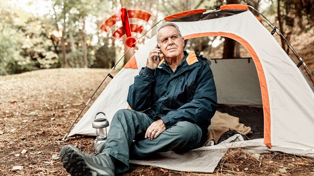 No signal psd senior man sitting in a tent