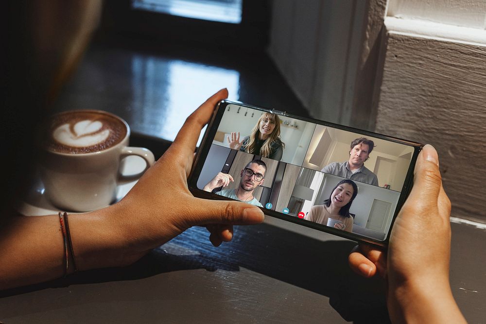 Phone screen mockup, video conference psd