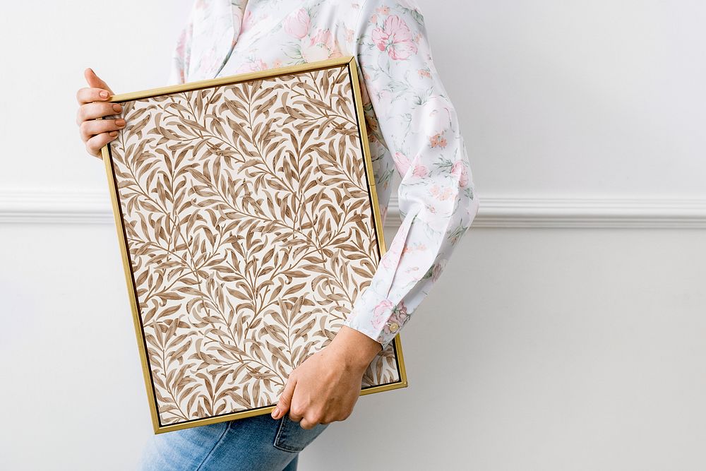 Picture frame mockup, woman hands, gold design psd