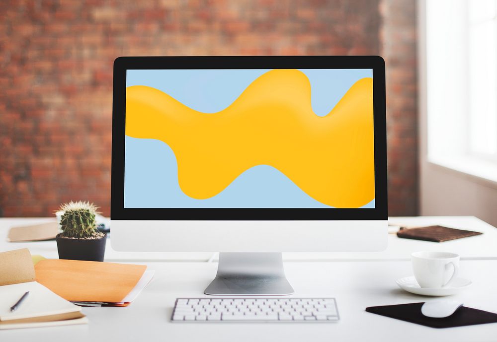 Computer screen mockup, desk setup psd