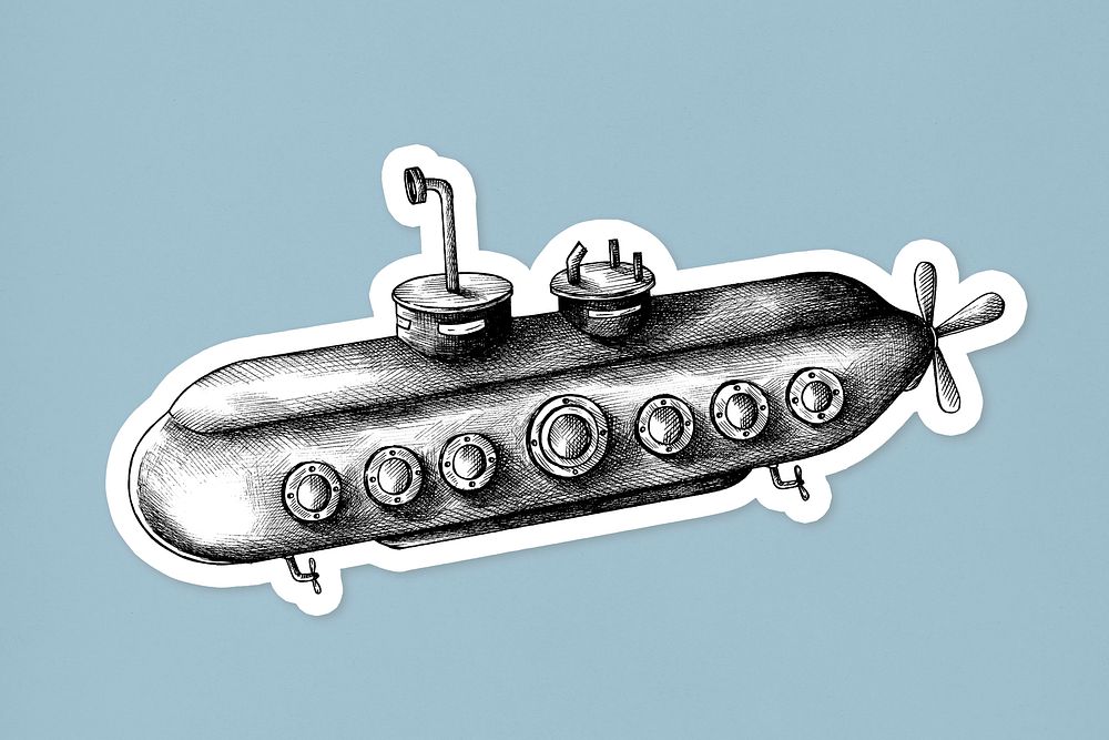 Hand drawn retro submarine sticker with a white border