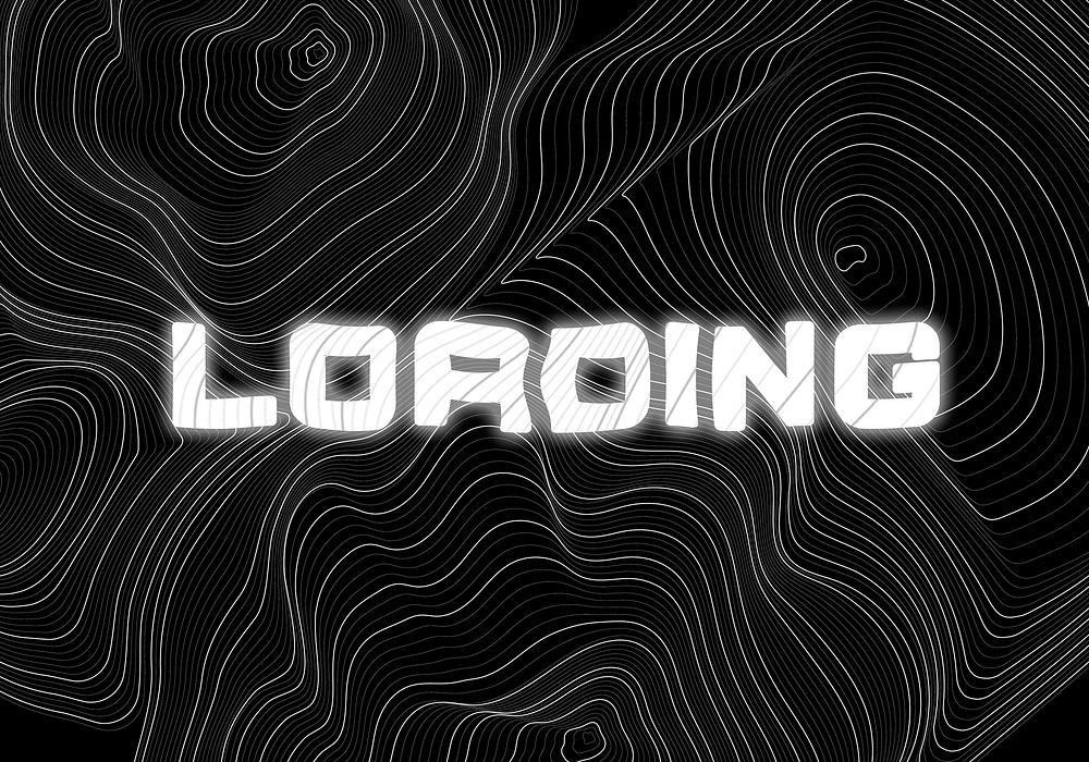 White neon loading word topographic typography on a black background