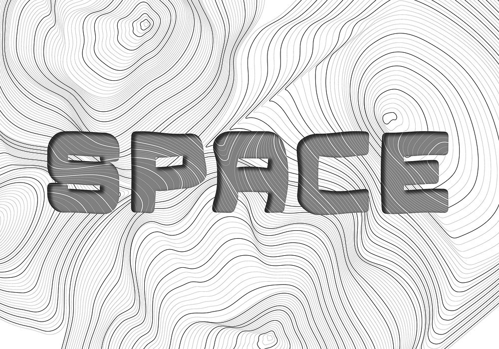 Dark gray space word typography on a white topographic background