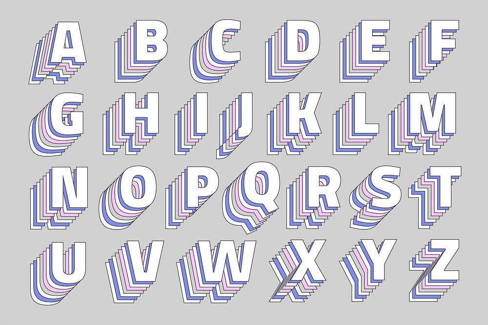 Retro layered alphabet vector pastel set typography