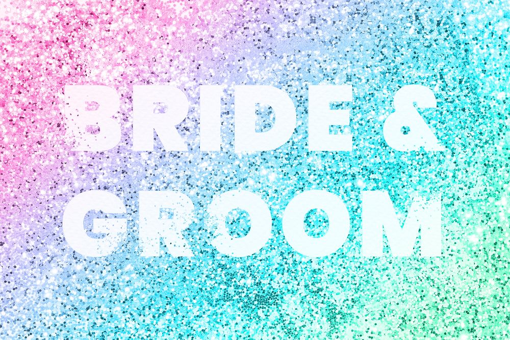 Bride & groom typography on a rainbow glitter background