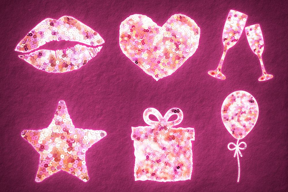 Pink sequin valentine&rsquo;s party icon set