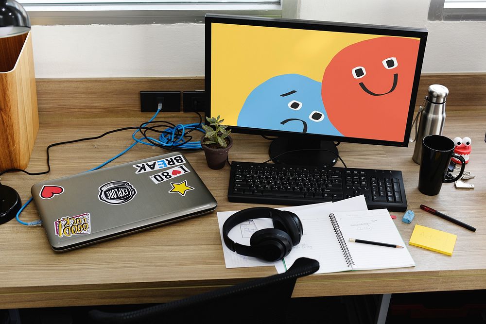 Computer desk setup, cute colorful screen