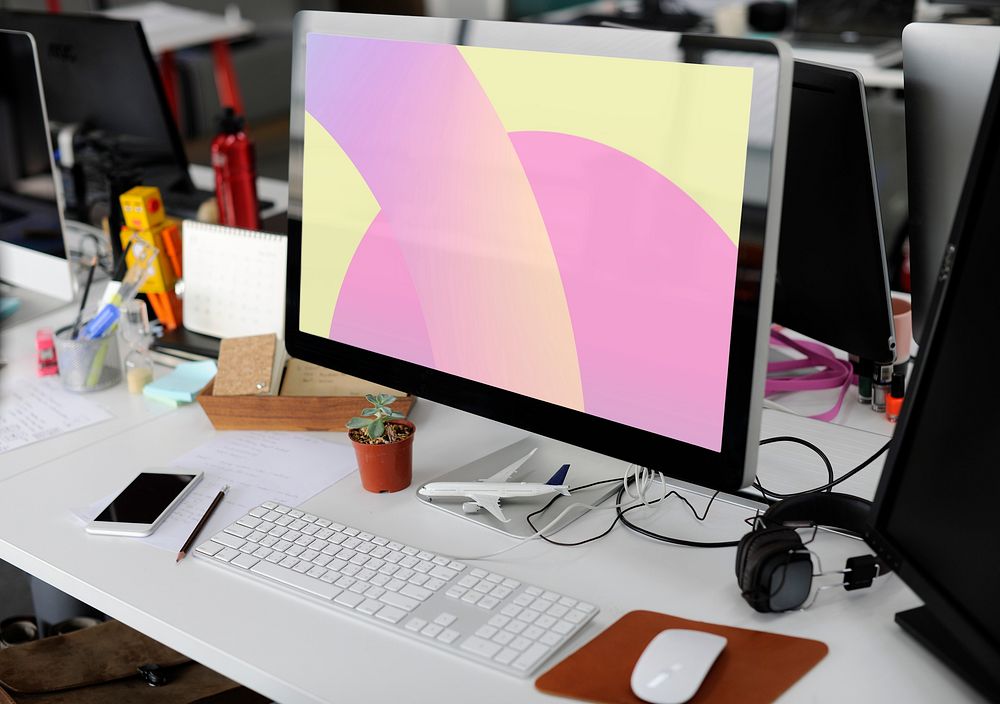 Computer screen mockup, desk setup psd