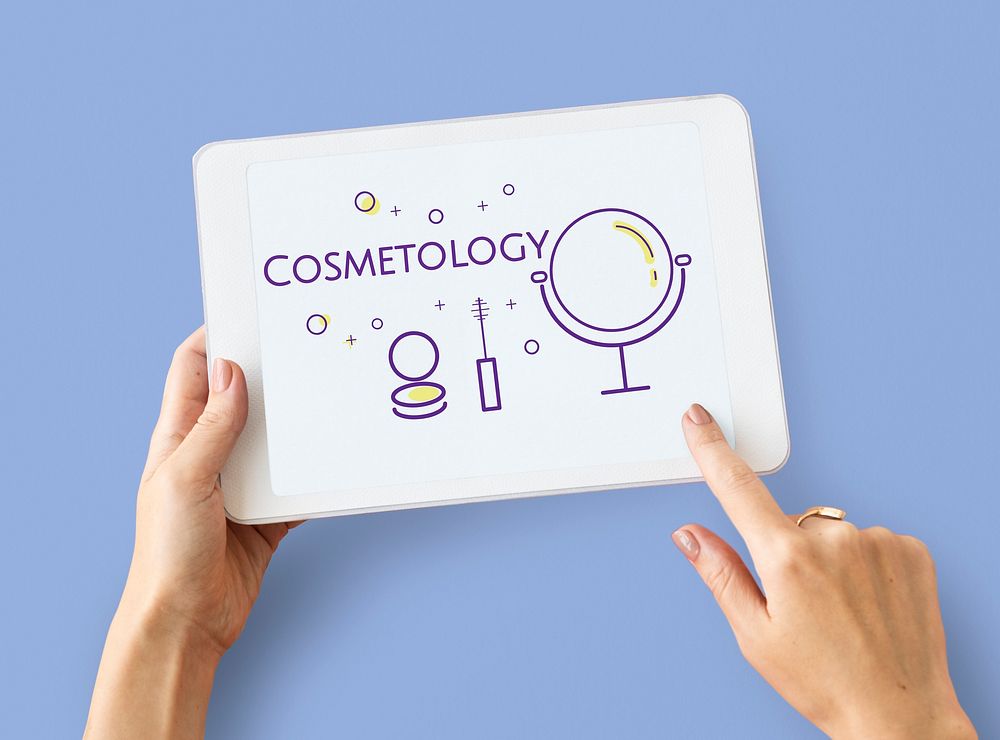 Illustration of beauty cosmetics makeover skincare on digital tablet