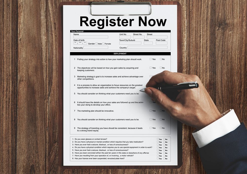 Register Now Document FIlling Form Concept