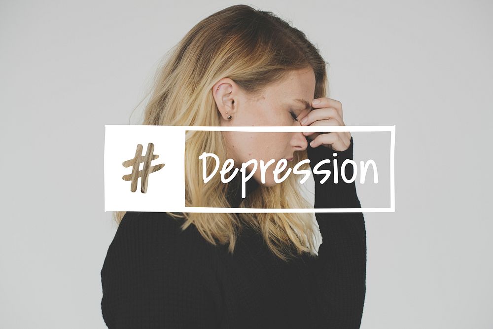 Woman with Depression Feeling Expression Emotion Word Hashtag Graphic