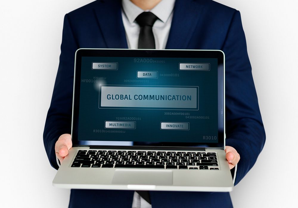 Graphic of global communication connection technology on laptop